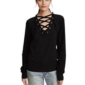 L’AGENCE Top Josilyn Lace Up Terry Sweatshirt Black Size Small